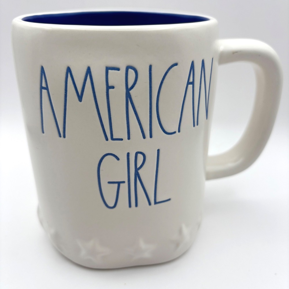Rae Dunn American Girl Mug Embossed Stars USA White Blue Patriotic